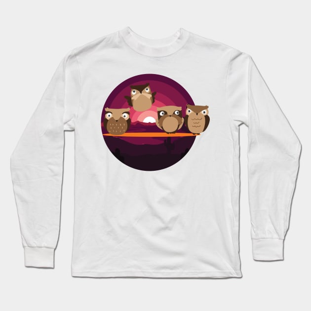 Four Wise Night Owls | Animal Birds Long Sleeve T-Shirt by Art by Ergate